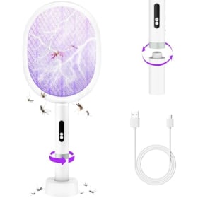 Raqueta Eléctrica Matamoscas 4000V USB Recargable 1800mAh con Base - Mata Mosquitos 2 Modos, Malla Triple Protección, Interior/Exterior, Negro