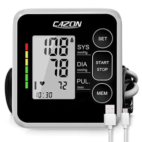 CAZON Tensiómetro de Brazo - Monitor de Presión Arterial Doméstico con Detector de Frecuencia Cardíaca y Memoria para 2 Usuarios