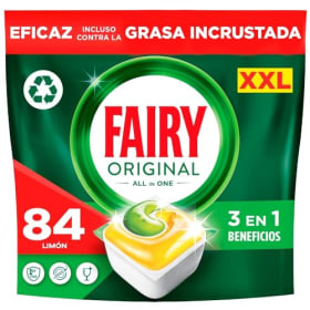 Fairy Original Todo En Uno Cápsulas De Lavavajillas, Limón, 84 Cápsulas, Efectivas Incluso En La Grasa Reseca, El embalaje puede variar