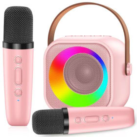 Karaoke Niños con 2 Micrófonos Inalámbricos, Portátil con Luces LED, Máquina de Karaoke Bluetooth
