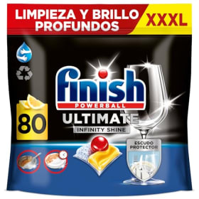 Finish Powerball Ultimate Infinity Shine, pastillas para el lavavajillas con poder quitagrasas y protección del cristal, aroma limón, 80 Pastillas