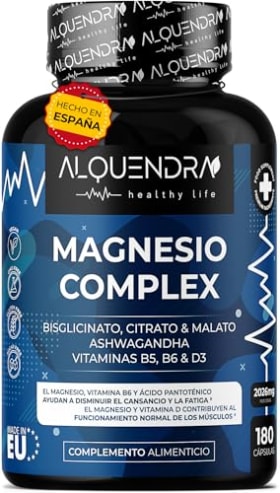 Triple Magnesio Alta Absorción Bisglicinato Citrato Malato con Ashwagandha Vitaminas B5 B6 D3 - 180 Cápsulas Veganas