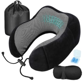 MASMAS Almohada de Viaje para Cuello Viscoelástica de Espuma Memoria - Kit Negro (Incluye Máscara de Ojos, Tapones y Bolsa)