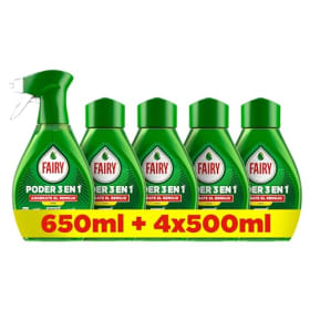 Fairy Pack Poder Sin Remojo Limón Spray 650ml + 4 Recambios 500ml, Antigrasa y Limpieza Rápida para Vajilla y Cocina
