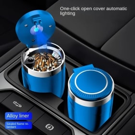 Apertura de un clic de Cenicero de coche con revestimiento de metal y luz LED, luz a prueba de salpicaduras, Cenicero de coche, suministros automotrices