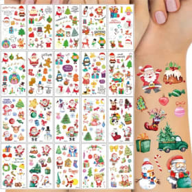 10 hojas de pegatinas de tatuaje temporal para decoración navideña, dibujos animados de Papá Noel, muñeco de nieve, calcetines de árbol, tatuaje falso para niños