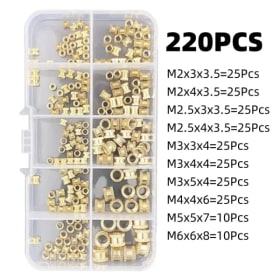 220 tuercas de inserción de latón M2 M2.5 M3 M4 M5 M6 insertos roscados moleteados para piezas de resina plástica y impresión 3D