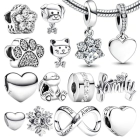 Regalos de joyería DIY: Cuentas de dijes mini brillantes con huella de pata de mascota, copo de nieve, clip de cadena de seguridad y corazón de conejo, compatibles con pulseras de cadena originales.