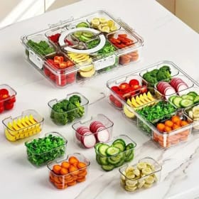 Plato dividido de 8 rejillas con tapa, caja de almacenamiento de alimentos, caja de aperitivos, contenedor de almacenamiento de frutas para refrigerador, organizador de verduras