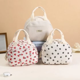 Bolsa de almuerzo aislante para mujer con estampado bonito de pana portátil, almacenamiento Bento para Picnic de gran capacidad, bolso térmico