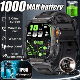 Nuevo reloj inteligente militar para exteriores de 1000mAh para hombres, linterna LED, resistente al agua IP68, deportes GPS, reloj inteligente con llamadas Bluetooth de 2,01 pulgadas