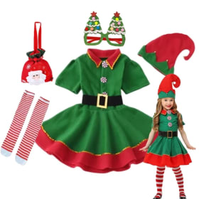 Conjunto de disfraz de elfo de Navidad para niños, traje de Papá Noel verde con sombrero para niñas pequeñas, traje de actuación de fiesta elegante, ropa de vestir