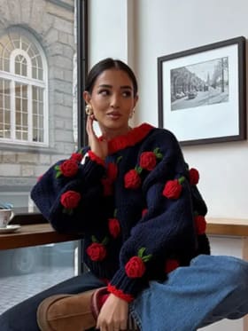 Suéter informal Vintage decorado con rosas para mujer, jersey cálido de manga larga con cuello redondo a la moda, Top versátil para ir al trabajo de alta calidad 2026