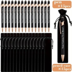 15 Juegos de Bolígrafos de Metal Grabados Personalizables con Estuche Resistente + 15 Bolsas para Bolígrafos Personalizadas - Utensilios de Escritura al por Mayor para Negocios