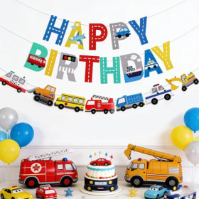 Guirnalda de Vehículos de Construcción para Niños, Decoración para Fiestas de Cumpleaños, Artículos para Baby Shower, Banner de Feliz Cumpleaños con Dibujos Animados de Autos