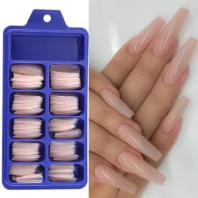 100 Uds. De uñas postizas de color rosa desnudo, extensión acrílica, formas de ataúd, puntas de uñas artificiales, cubierta completa larga, herramientas para uñas