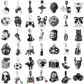 Nuevo abalorio de plata 925 de Color negro, gato de fútbol, cámara Taiji, loro, colgante de guitarra, cuenta colgante compatible con Pulsera Original, regalo de joyería