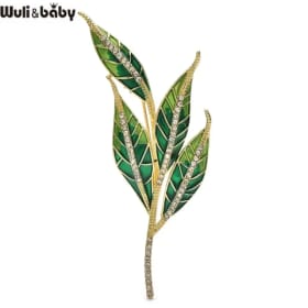 Wuli & baby-broche de hojas de esmalte verde para mujer, alfileres de Metal con diamantes de imitación, broches de plantas simples para ropa, mochila, Gits