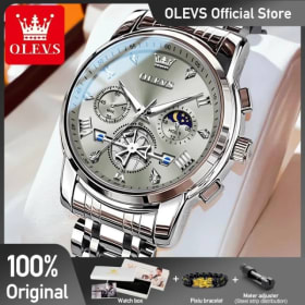 Relojes OLEVS para hombre, cronógrafo clásico multifuncional Fltwheel, reloj de pulsera de cuarzo Original, fase lunar, reloj resistente al agua 24 horas