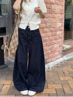 Pantalones vaqueros de pierna ancha holgados de color azul oscuro para mujer, pantalones holgados de cintura alta para chica guay, pantalones vaqueros rectos informales para mujer
