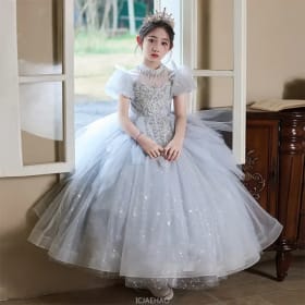 2025 vestido de princesa de noche Formal gris para boda de niña de las flores vestido de fiesta de Recital de Piano elegante de presentador de cumpleaños para niñas grandes