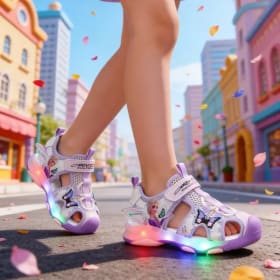Sandalias LED de princesa Elsa de Frozen de Disney para niñas, zapatos deportivos de verano para niños, zapatos de playa rosas y morados, zapatos suaves y brillantes para niñas, talla 25-30
