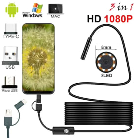 Nueva cámara endoscópica de 8mm, endoscopio USB HD 1080P con 8 LED, boroscopio de inspección de Cable Flexible de 1/2/5M para Android y PC