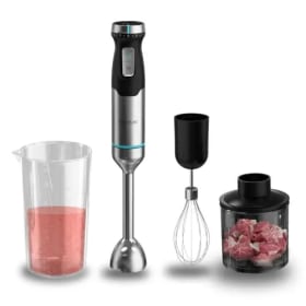 Cecotec Batidora de Mano Power Pulsar 2300MAX Cream&Crush. 2300W Potencia Máxima, Cuchillas De 4 Hojas de Acero Inox, Pie XL, Vaso 700ml con Tapa, Picadora y Varilla Montaclaras