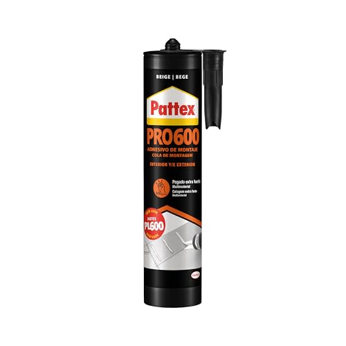 Pattex PRO600 Adhesivo de Montaje a Base de Disolvente, Pegamento Fuerte de Agarre Inmediato, Resistente al Agua para Interiores y Exteriores
