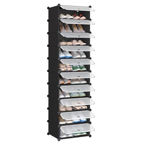 SONGMICS Zapatero Modular con 10 Compartimentos, Estantería Modular de Plástico, DIY, Zapatero con Puerta, con Martillo, Negro LPC10HV3