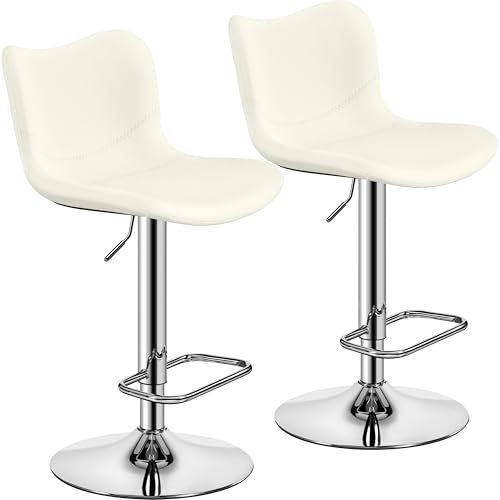 Yaheetech Juego de 2 Taburetes de Bar de Polipiel sin Reposabrazos Sillas Giratorias con Respaldo Reposapiés Altura Ajustable Blanco