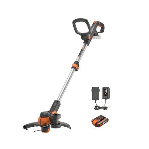 WORX WG163E.1 Desbrozadora a batería 20V - 2Ah, Hilo automático, Ruedas para bordear, Cabezal Giratorio 90º para Zonas Bajas, Ajuste ergonómico, para Jardines pequeños y medianos