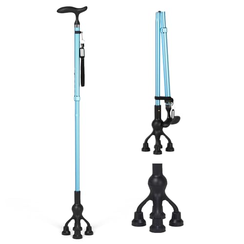 Careboda Bastón Plegable con Altura Ajustable y Mango en T – Bastón Estable para Personas Mayores y Adultos, Movilidad y Ayudante Diario (Azul)
