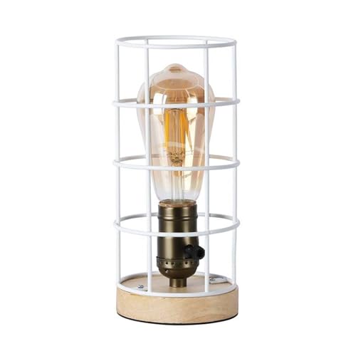 BarcelonaLED - Lámpara de Mesa de Madera Natural Vintage Industrial con Jaula Blanca y Portalámparas E27 para Salón, Dormitorio y Mesita de Noche