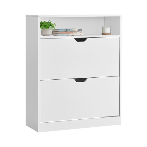 VASAGLE Zapatero 2 Compartimientos con Puerta Abatible - Organizador de Zapatos Blanco Nube (24 x 80 x 102 cm) - Hasta 16 Pares