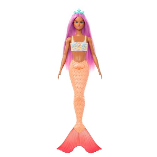 Barbie Muñeca Sirena con Cabello de Fantasía Rosa y Diadema, Juguete con Corpiño con Estrellas de Mar y Cola de Color Naranja Pastel - para Niños y Niñas + 3 Años, HRR05