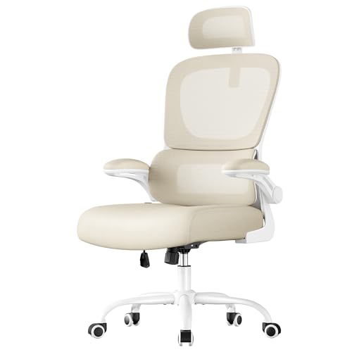 SONGMICS Silla de Oficina Ergonómica - Silla de Escritorio con Malla Transpirable, Soporte Lumbar Ajustable y Reposacabezas - Ideal para Oficina en Casa (Beige Arena, OBN041L01)