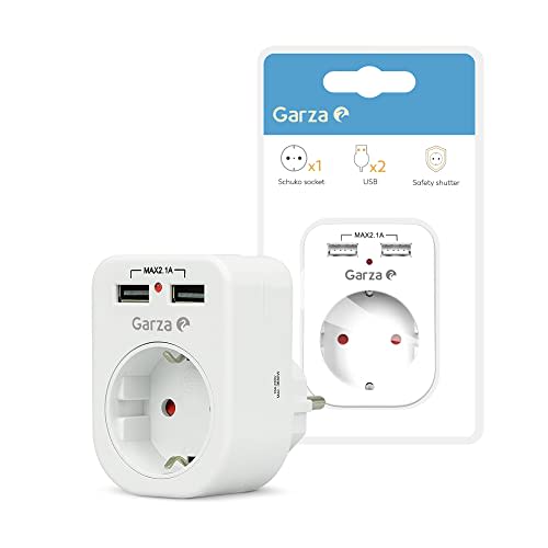 Garza Power - Adaptador de 1 toma Schuko + 2 Conexiones USB, protección Infantil, color Blanco