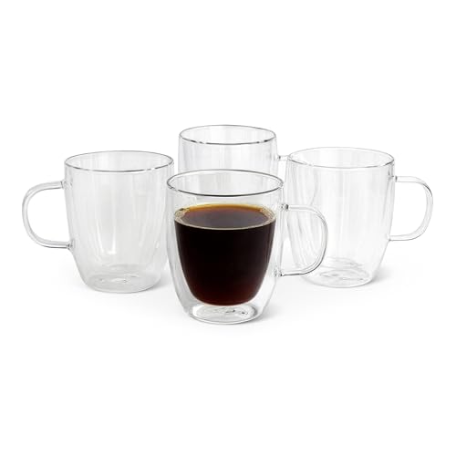 Amazon Basics - Tazas de Café de Cristal de Doble Pared, Juego de 4 Piezas, 382ml, Aptas para Lavavajillas