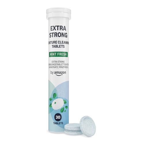 by Amazon Tabletas Limpiadoras de Dentaduras Extrafuertes, 3 paquetes de 30 tabletas, Menta Fresca