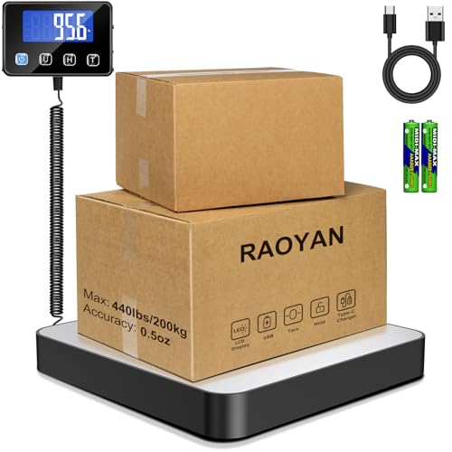 RAOYAN Báscula para Paquetes 440lb, Bascula Digital Alta precisión 10g con Función de Retención/Tara/LCD, Balanza Postal para Almacén/Express con Carga USB/2 Pilas AAA