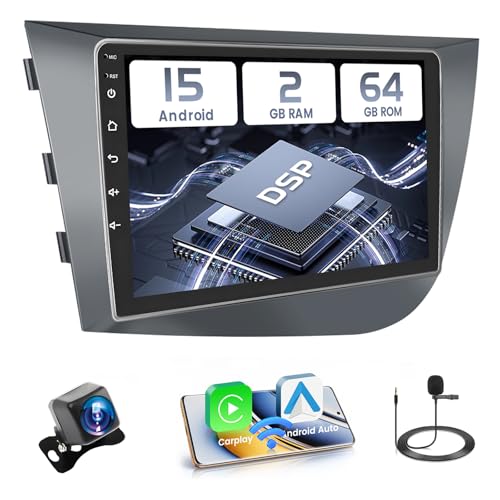 Hikity 2+64GB Android 15 Radio Coche para Seat Leon MK2 2005-2012 Radio Carplay Android Auto Inalámbrico IPS 9" Pantalla Táctil con Cámara Trasera Bluetooth GPS WiFi DSP FM RDS SWC