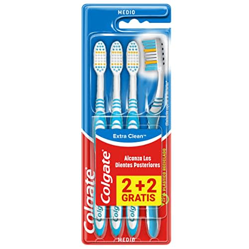 COLGATE Cepillo de dientes Extra Clean medio, limpia alcanzando hasta los dientes posteriores Pack 2+2, Multicolor (CP21509)