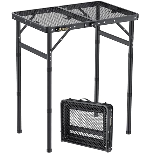 Anbte Mesa Plegable Camping 58 x 40 x 26-48-70cm - Mesa Exterior BBQ Portátil de Malla Metálica Impermeable con 3 Alturas Ajustables (Negro)