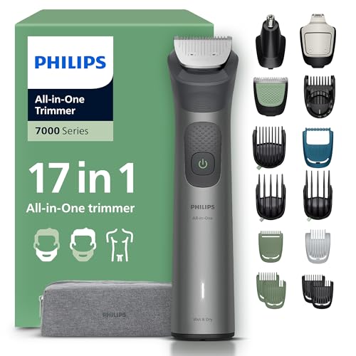 Philips Recortadora todo en uno de 17 en 1 Serie 7000 - Afeitadora y cortapelos hombre para rostro, cabeza y cuerpo, cuchillas de acero autoafilables, 26 longitudes, recargable, MG7961/15