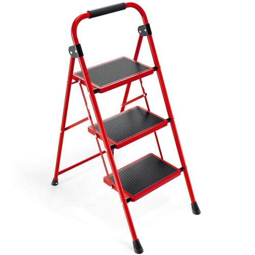 KINGRACK Escalera Plegable 3 Peldaños - Acero Resistente, Pedales Antideslizantes, Ligera y Portátil, Color Rojo