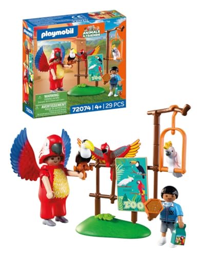 PLAYMOBIL Animals & Friends - Zoo Mascota: Hombre con Disfraz de Loro y 3 Aves Tropicales (72074) - Juguete para Niños +4 años