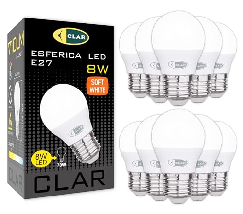 CLAR - Bombilla LED E27 Luz Cálida, Bajo Consumo, Pequeña, 40W Equivalente, G45, 8W (Pack 10)