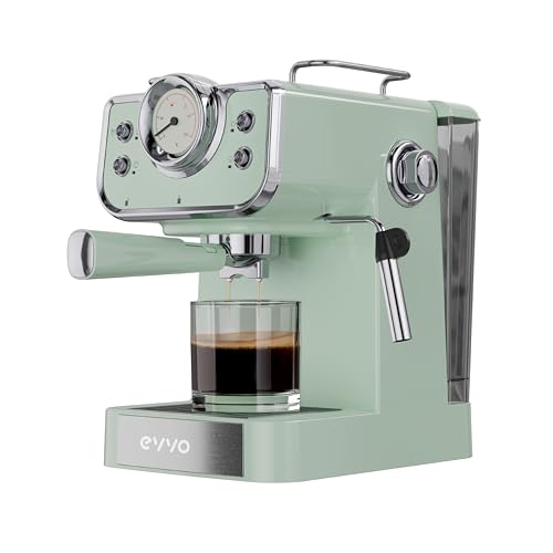 EVVO Cafetera Espresso Intensa Retro Verde - 15 Bares, 950W, Acero Inoxidable, Brazo Doble, Termo Block, Precalentado Rápido