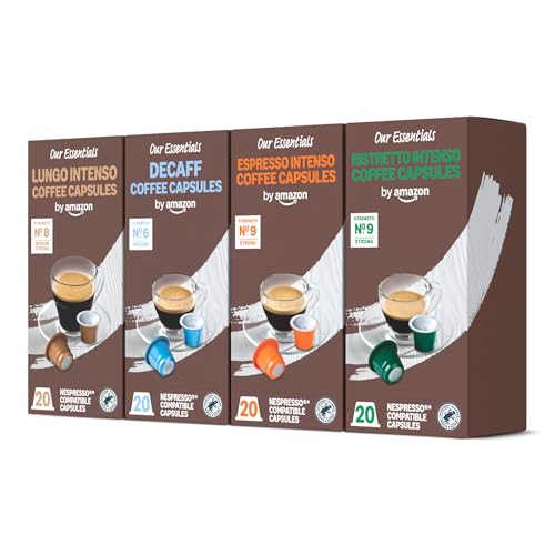 by Amazon Cápsulas de Café de Plástico Nespresso, Paquete Variado, Tostado Oscuro, 50% Arábica, 50% Robusta, 80 Unidades (4 Paquetes de 20), Certificadas por Rainforest Alliance